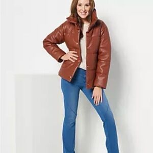 Dennis Basso Cognac Puffer Faux Leather Jacket